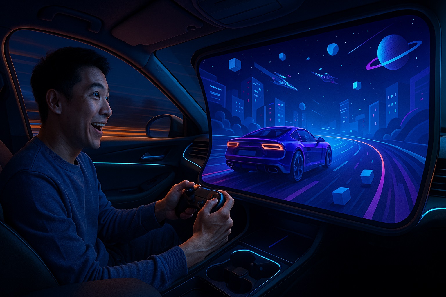 A young Asian man in his mid-twenties sits inside a sleek, futuristic autonomous electric vehicle